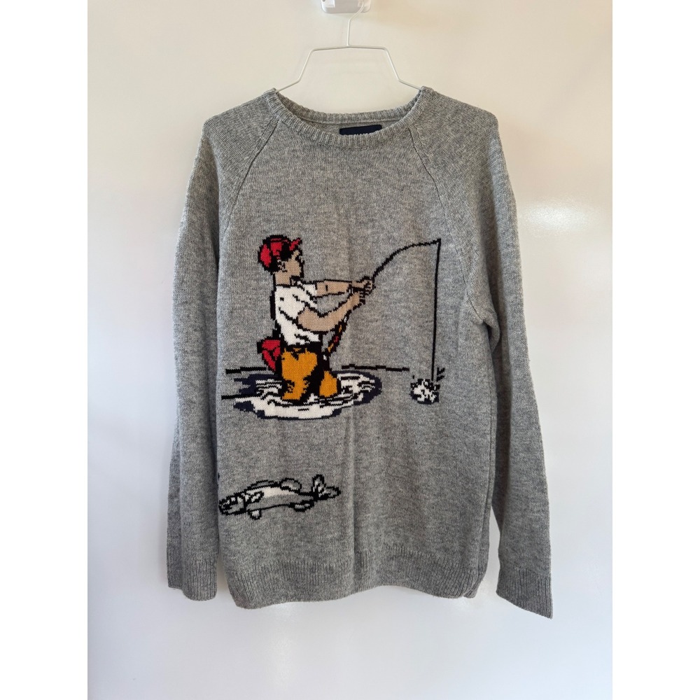 Pull&Bear Mens Fisherman Graphic Knit Sweater Gray Crewneck Small Raglan Sleeve